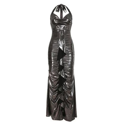 Vestido sexy elegante con revestimiento brillante, espalda descubierta, con cordones, cuello alto, corte entallado, vestido tubo