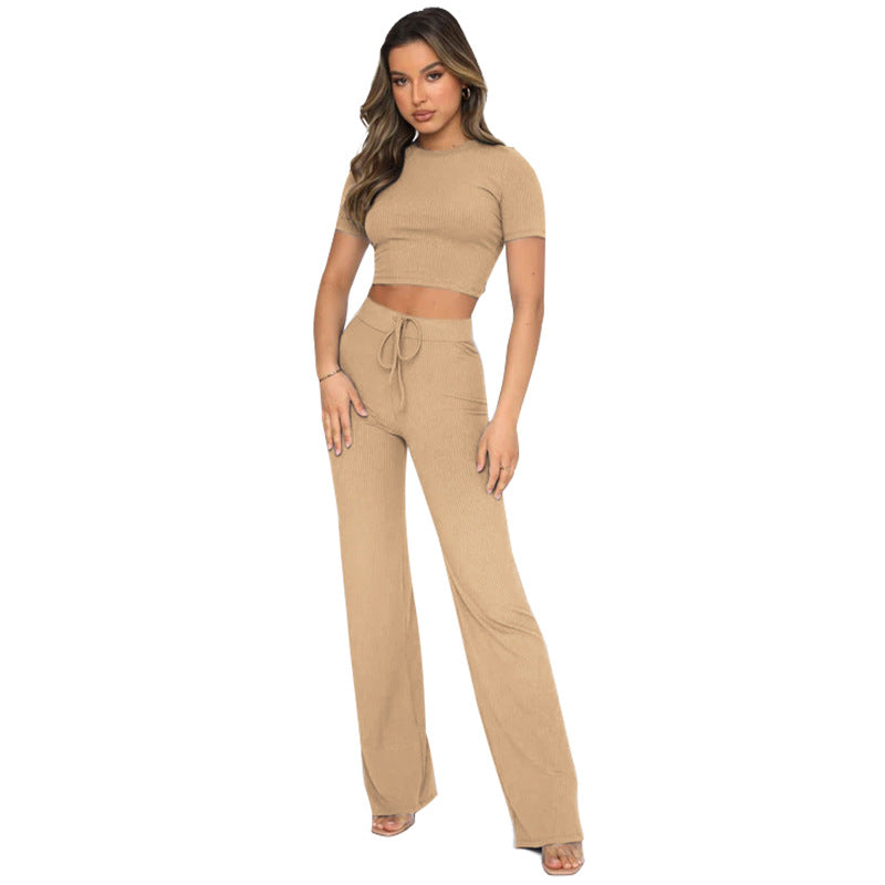 Conjunto informal de dos piezas para mujer, color liso, muy elástico, moldeador corporal, manga corta, rayas hundidas, pantalones de pierna ancha