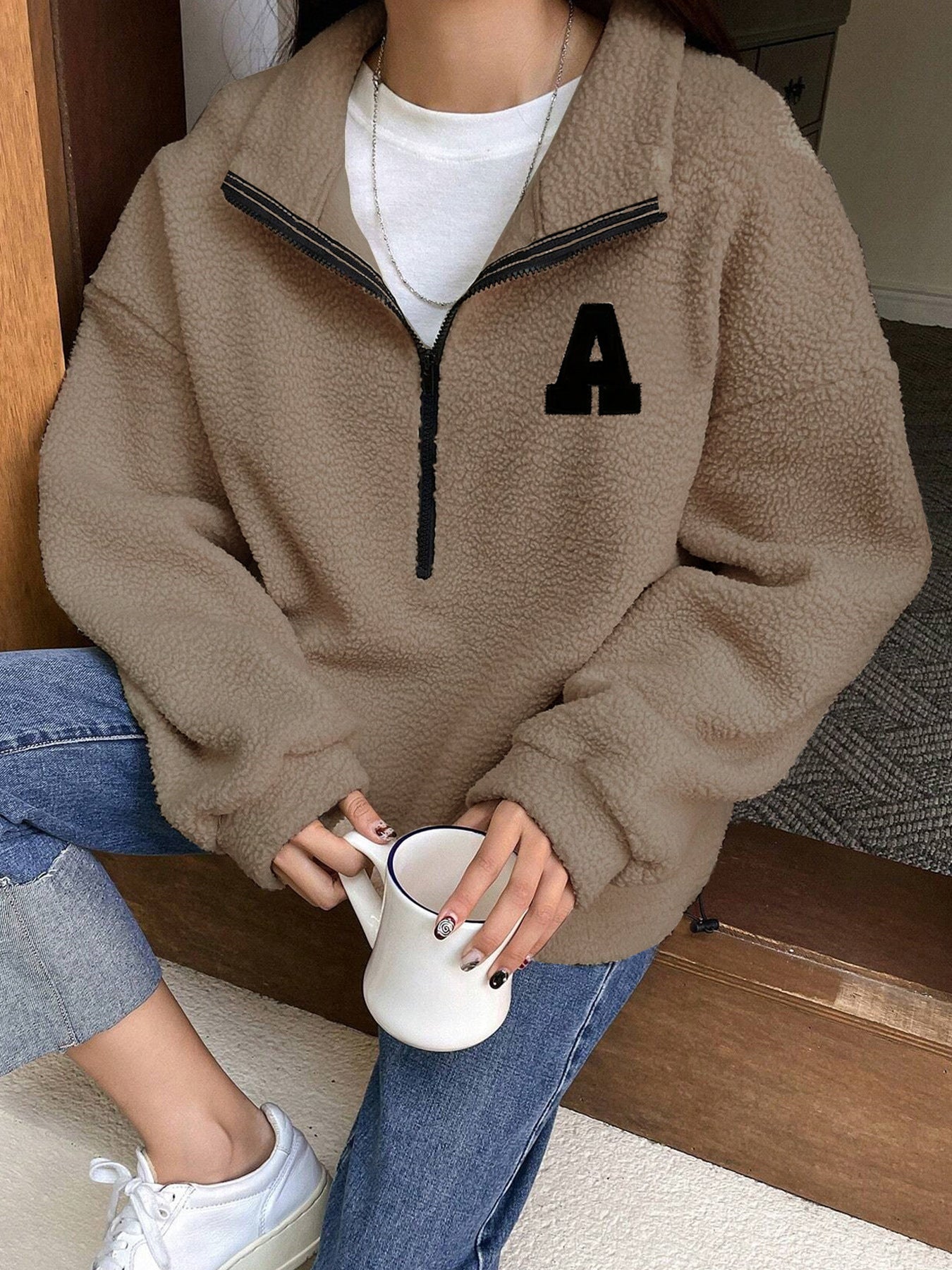 Sudadera Polar Fleece Otoño Invierno Suelta Manga Larga Suéter con Media Cremallera