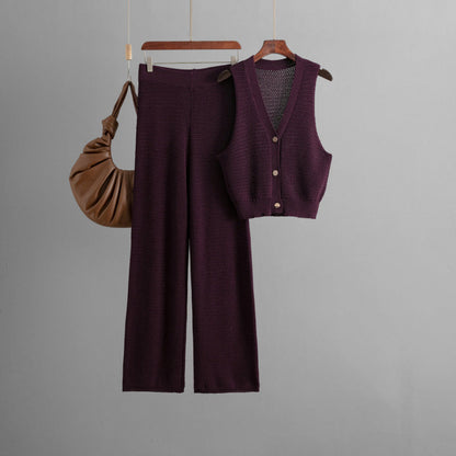 Fashionable Knitted Women Summer V neck Sleeveless Vest High Waist Straight Pants Two Piece Set
