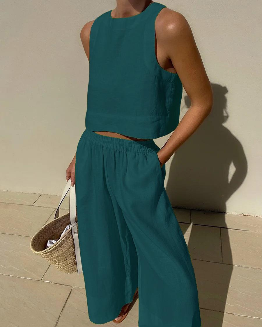 Conjunto de dos piezas de camisa y pantalones holgados de color liso sin mangas y estilo casual de talla grande