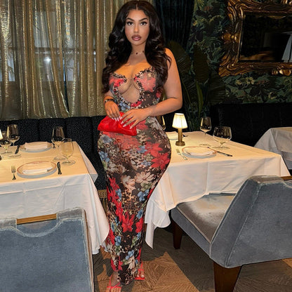 Vestido largo ajustado con estampado para mujer, vestido de oficina, sexy, sin espalda, con aberturas y escote en V