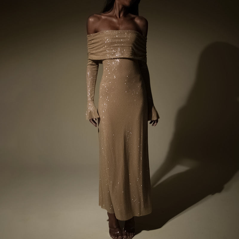 Vestido largo de otoño con cuello halter, elegante y a la moda, con estampado de cuadros y cintura ajustada para mujer