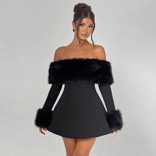 Vestido ajustado de corte A con cuello de piel y hombros descubiertos para mujer, ropa de otoño e invierno