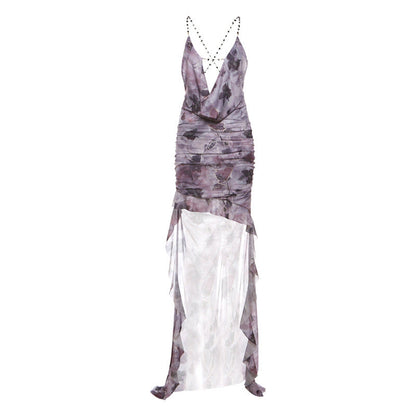 Vestido lencero con cuello halter y espalda descubierta para primavera y verano, estilo francés, con orillo de tiras.