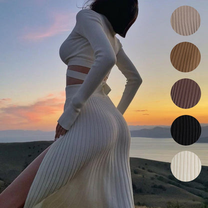 Suéter con abertura y falda plisada para mujer, traje de otoño e invierno con cordones