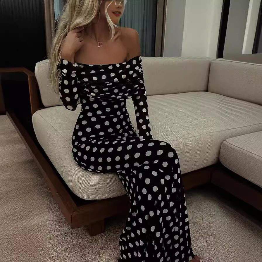 Vestido ajustado sexy con hombros descubiertos y costura de lunares de gasa para primavera y verano para mujer