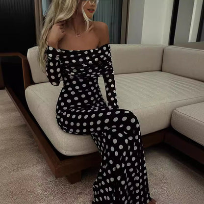 Vestido ajustado sexy con hombros descubiertos y costura de lunares de gasa para primavera y verano para mujer