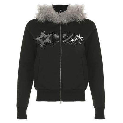 Sudadera con cuello de piel y estampado de estrella de cinco puntas estilo retro, con costuras de bolsillo finas y cremallera de doble cara para otoño e invierno.