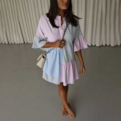 Vestido informal de manga corta con estampado de rayas y contraste de colores para primavera y verano para mujer