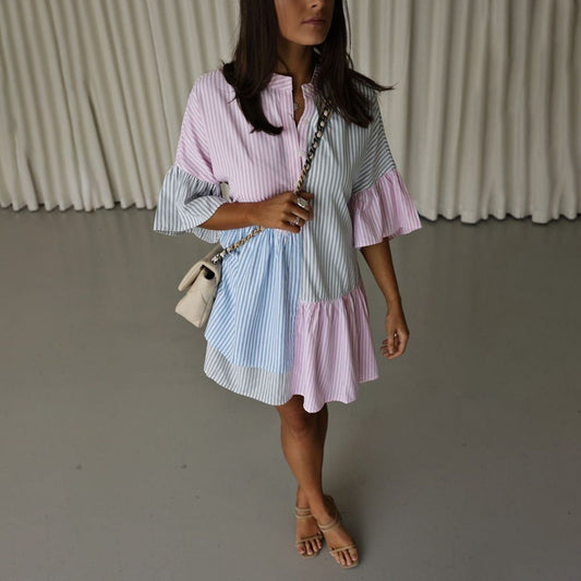 Vestido informal de manga corta con estampado de rayas y contraste de colores para primavera y verano para mujer