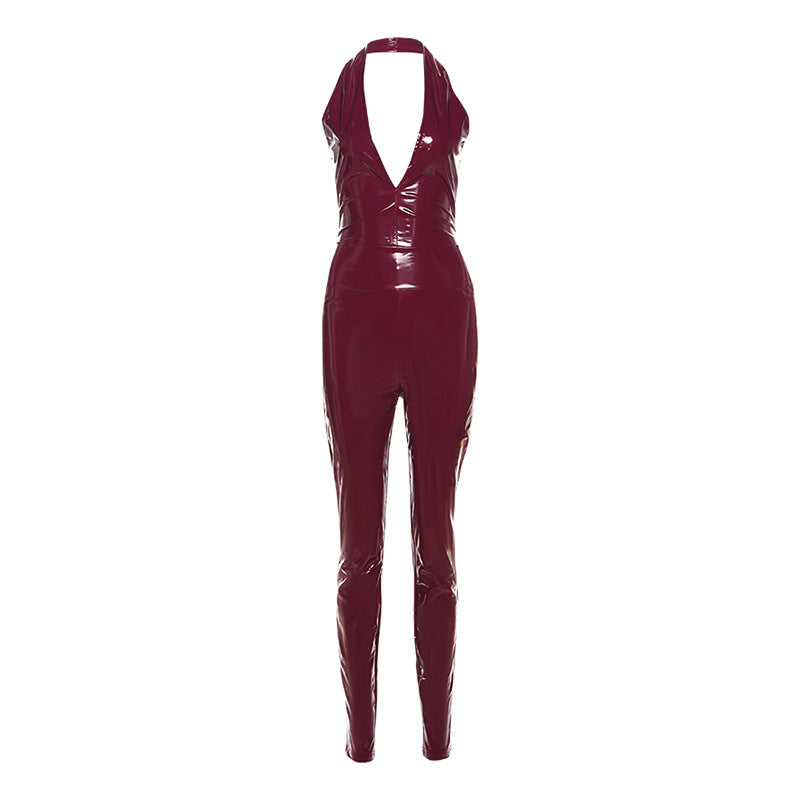 Conjunto de dos piezas de piel sintética para mujer, ropa de otoño e invierno, sexy, con cuello halter, espalda descubierta, tirantes, cintura alta, cremallera y corte entallado