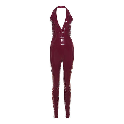 Conjunto de dos piezas de piel sintética para mujer, ropa de otoño e invierno, sexy, con cuello halter, espalda descubierta, tirantes, cintura alta, cremallera y corte entallado