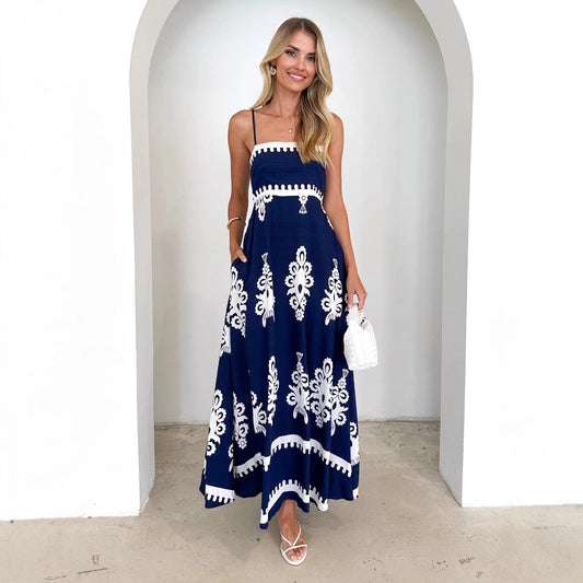 Summer Cami Dress Positioning Printed Waist Controlled Large Swing Corset Sling Dress