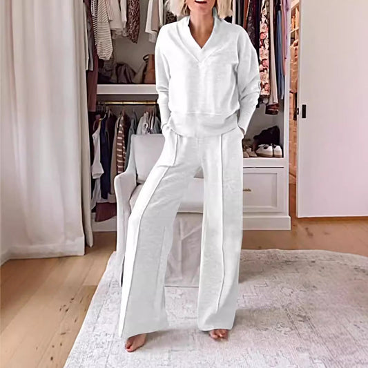 Conjunto de dos piezas de pantalón ancho y top holgado de manga larga con cuello en V informal de otoño
