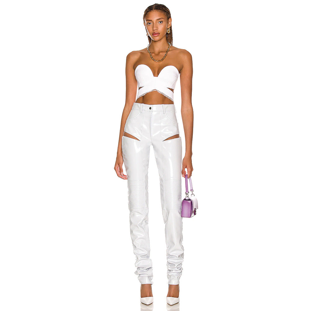 Blusa blanca de encaje elástico bajo con cuello de encaje, pantalones abiertos de cuero sintético con aberturas, conjunto sexy elástico de dos piezas, traje informal