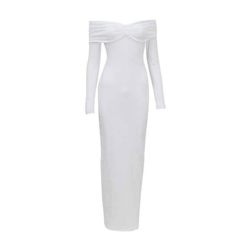 Vestido elegante plisado de color liso con hombros descubiertos y manga larga para otoño e invierno para mujer