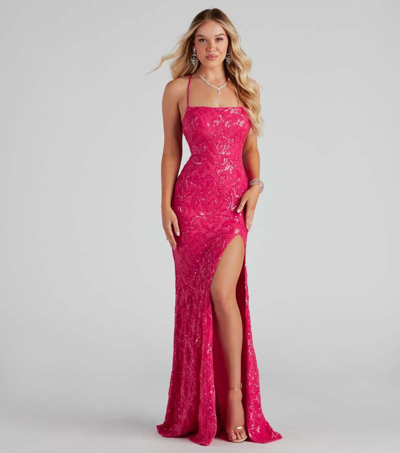 Vestido de noche sexy con lentejuelas y escote descubierto, elegante vestido de cóctel con abertura.