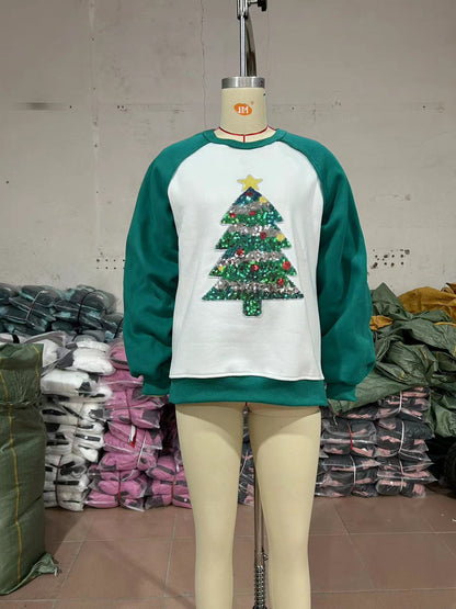 Sudadera con capucha y lentejuelas cepilladas de árbol de Navidad para mujer, jersey de manga larga, top holgado para otoño e invierno.