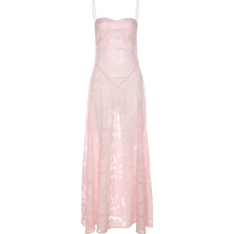 Vestido veraniego sexy transparente con tirantes y corsé para vacaciones en la playa