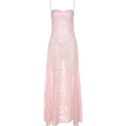 Vestido veraniego sexy transparente con tirantes y corsé para vacaciones en la playa