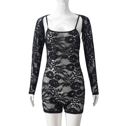 Women Two Piece Set Long Sleeve Tight Sexy Cutout Strap Lace Jumpsuit