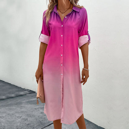 Vestido camisero degradado de manga larga para mujer de otoño