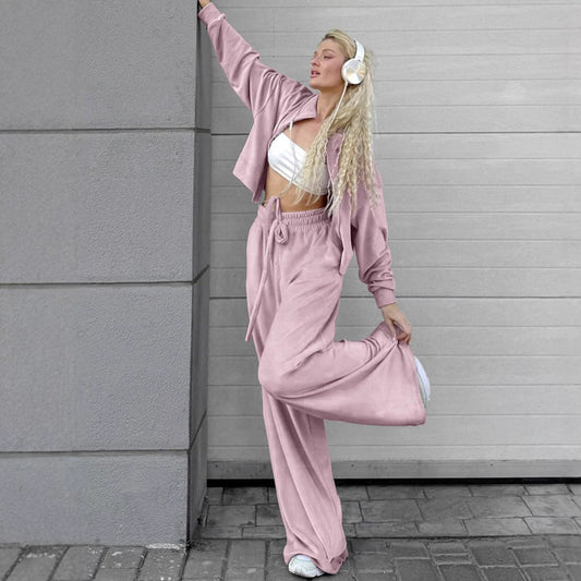 Collared Long Sleeved Trousers Loose Sweater Autumn Winter Two Piece Set