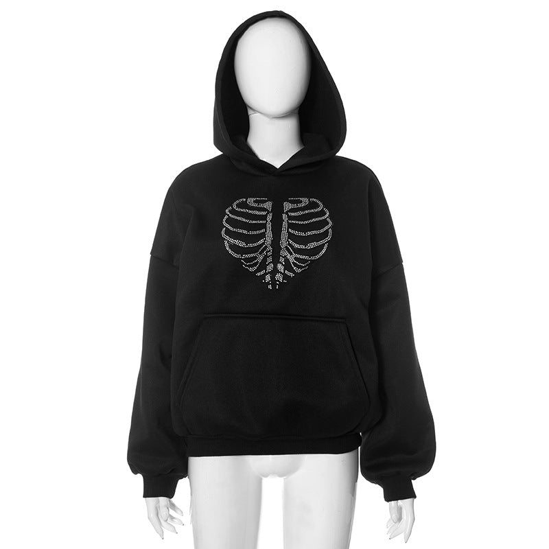 Sudadera con capucha holgada con diseño de esqueleto y diamantes de imitación para mujer, otoño e invierno