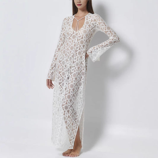 Vestido holgado de primavera y verano con mangas largas, transparente, con cordones y abertura para vacaciones
