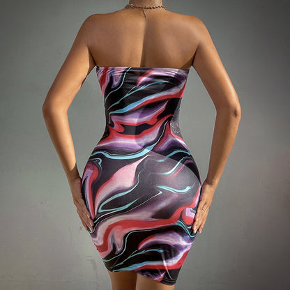Arrival Color Printed Sexy Sexy Tube Top Backless Slim Sheath Dress for Women