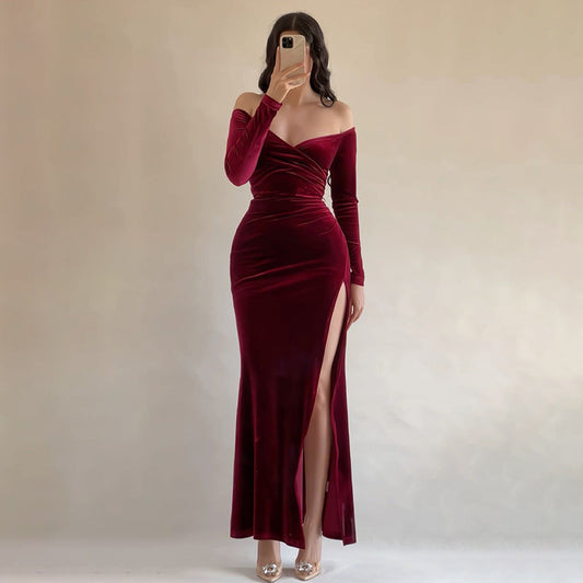 Off Shoulder Sexy High Slit Velvet Dress Women Elegant Dress