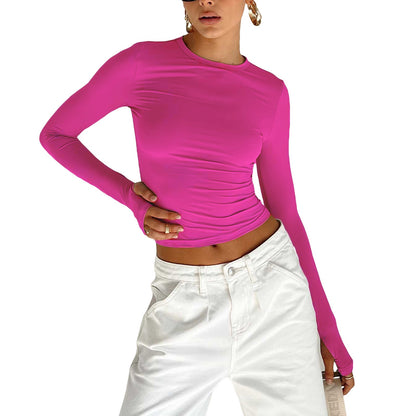 Camiseta de cuello redondo de color liso para mujer, camiseta sexy ajustada de manga larga, camiseta de otoño e invierno