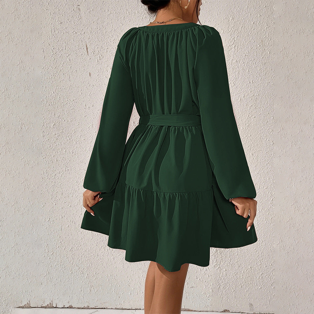Vestido holgado informal de manga larga con volantes para mujer, primavera/verano, ajustado, con cintura alta