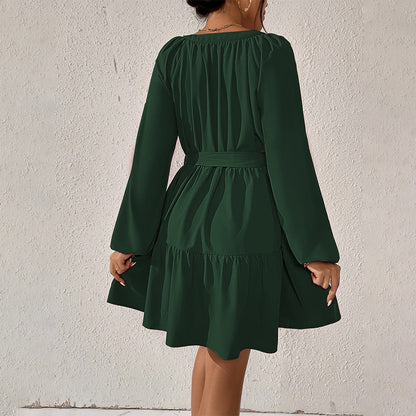 Vestido holgado informal de manga larga con volantes para mujer, primavera/verano, ajustado, con cintura alta