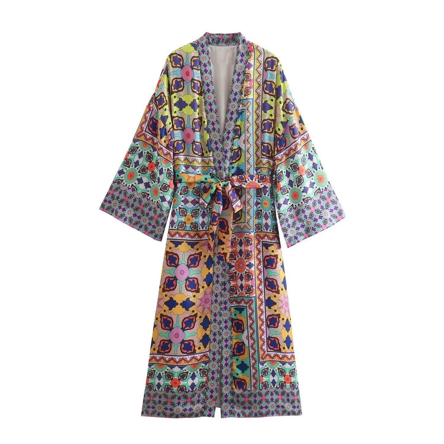 Vestido kimono estampado con cinturón para mujer, ropa informal de verano