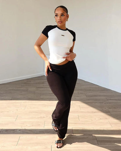 Women Clothing Spring Summer Color Matching Sports Dance Fitness Yoga Short Sleeve Trousers Two Piece Set