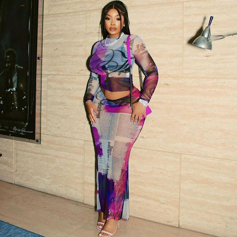 Traje de malla transparente sexy con cuello redondo y estampado de mangas largas, top corto, falda ajustada de dos piezas para mujer