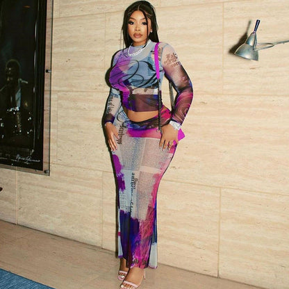 Traje de malla transparente sexy con cuello redondo y estampado de mangas largas, top corto, falda ajustada de dos piezas para mujer