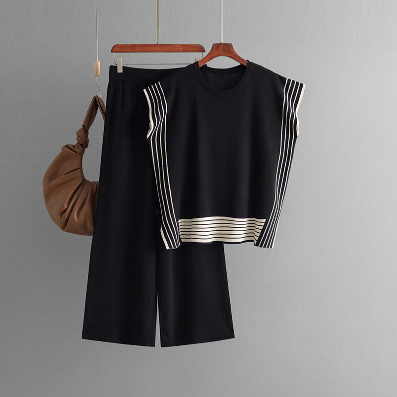 Traje de mujer de rayas de retazos con cuello redondo, vestido suelto de dos piezas de suéter de punto, pantalones rectos de cintura alta y pierna ancha