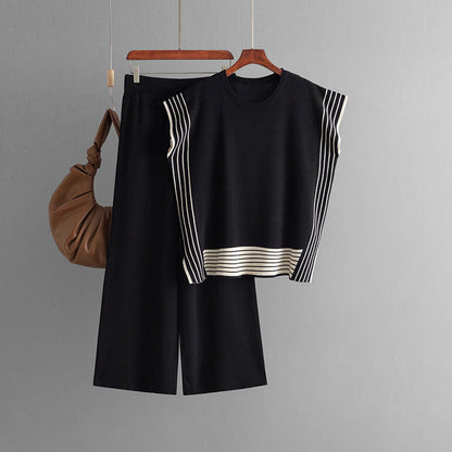 Traje de mujer de rayas de retazos con cuello redondo, vestido suelto de dos piezas de suéter de punto, pantalones rectos de cintura alta y pierna ancha