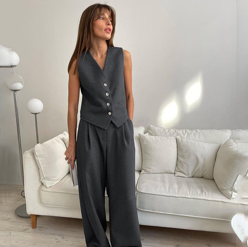 Chaleco sin mangas gris minimalista neutro de verano para mujer, conjunto de dos piezas a juego