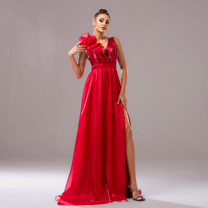 Women Clothing Advanced Sleeveless V neck Slim Fit Sheath Split Cocktail Fishtail Evening Dress