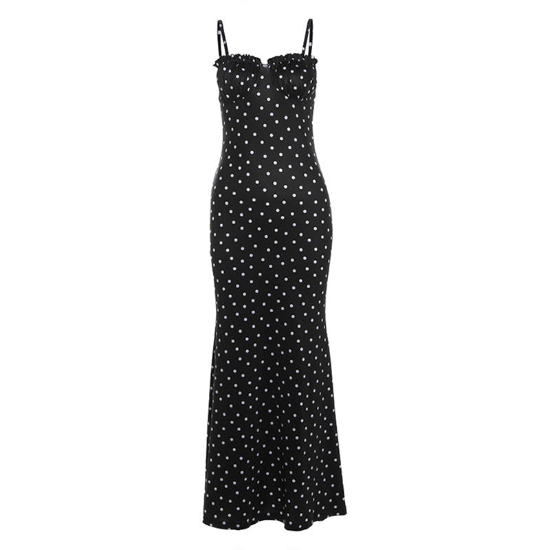 Vestido de verano francés ajustado con espalda descubierta y lunares para mujer