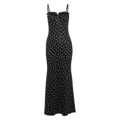 Vestido de verano francés ajustado con espalda descubierta y lunares para mujer