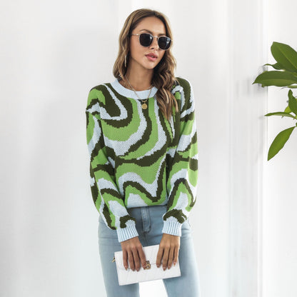 Suéter de brocado teñido anudado para mujer, suéter holgado de punto informal de manga larga para otoño e invierno.