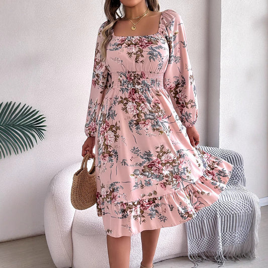 Primavera Verano Elegante Floral Cuello Cuadrado Manga Larga Cintura Recortada Volantes Línea A Ropa de Mujer