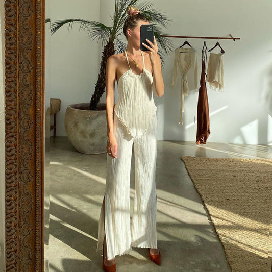 Nuevo chaleco sexy con tirantes finos y espalda descubierta, color beige, plisado, ajustado, con abertura y pantalones