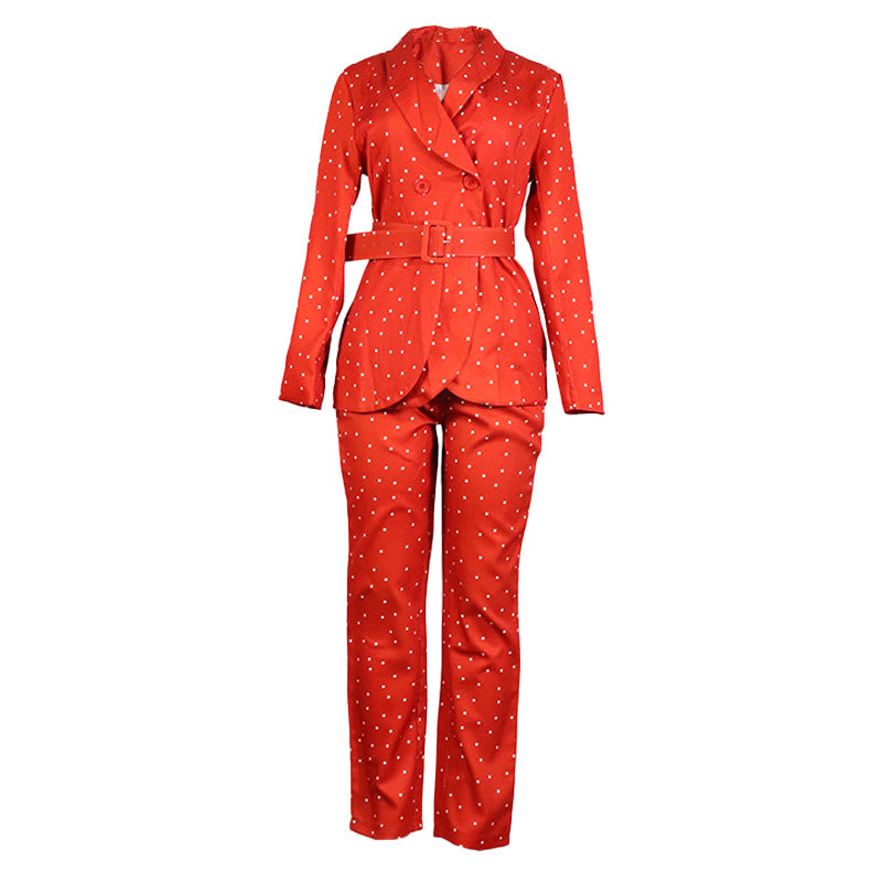 Black Polka Dot Long Sleeve Blazer Two Piece Set Women Clothing