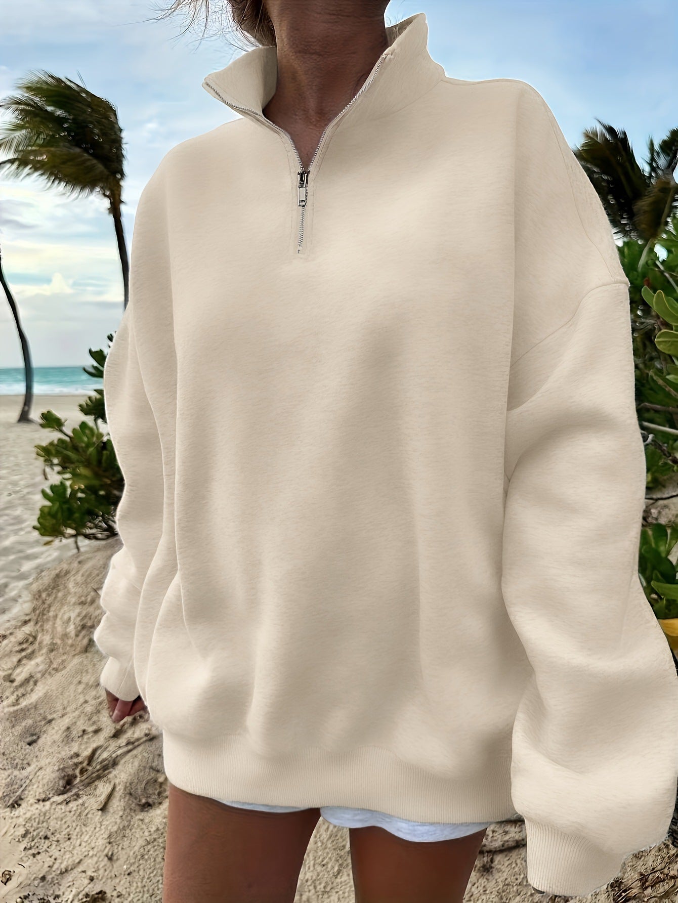 Sudadera para exteriores, otoño e invierno, informal, holgada, de manga larga, con media cremallera para mujer